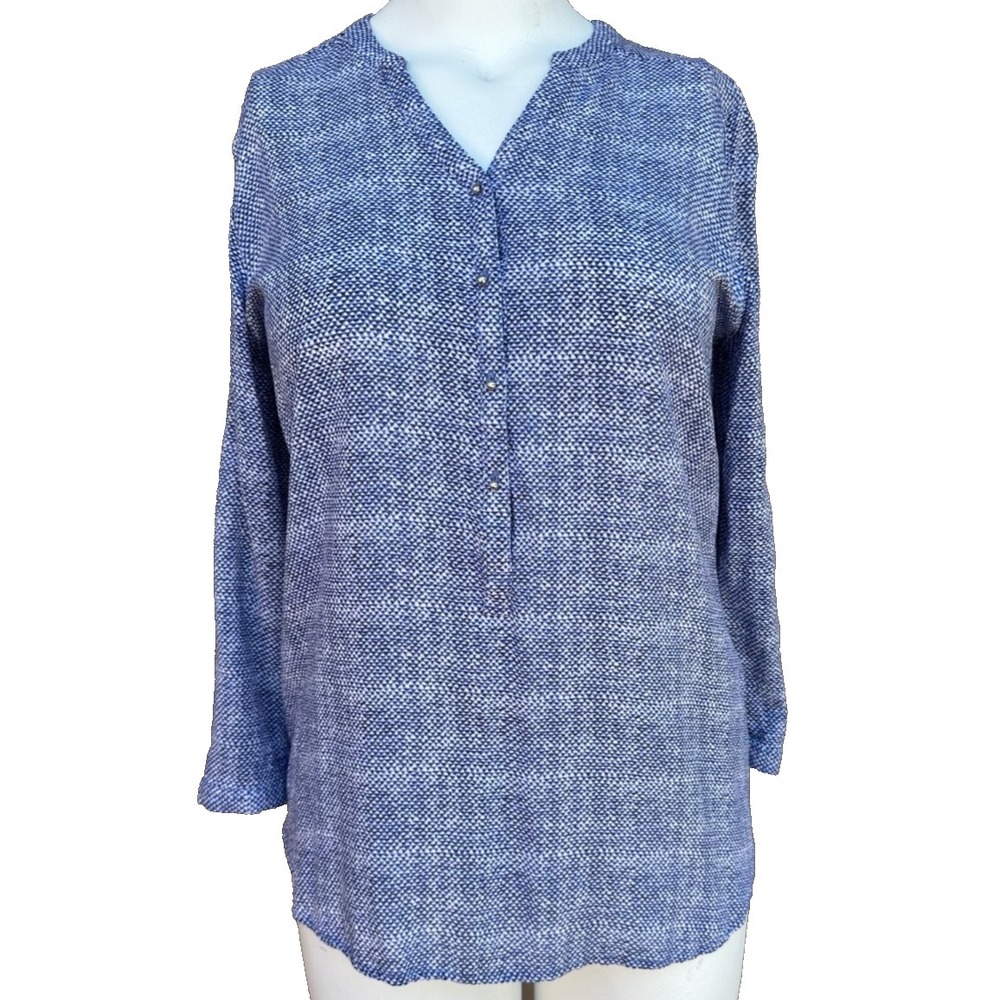 Grand & Greene Top Small Blue White Geo Print Boho Peasant Roll Tab Sleeve